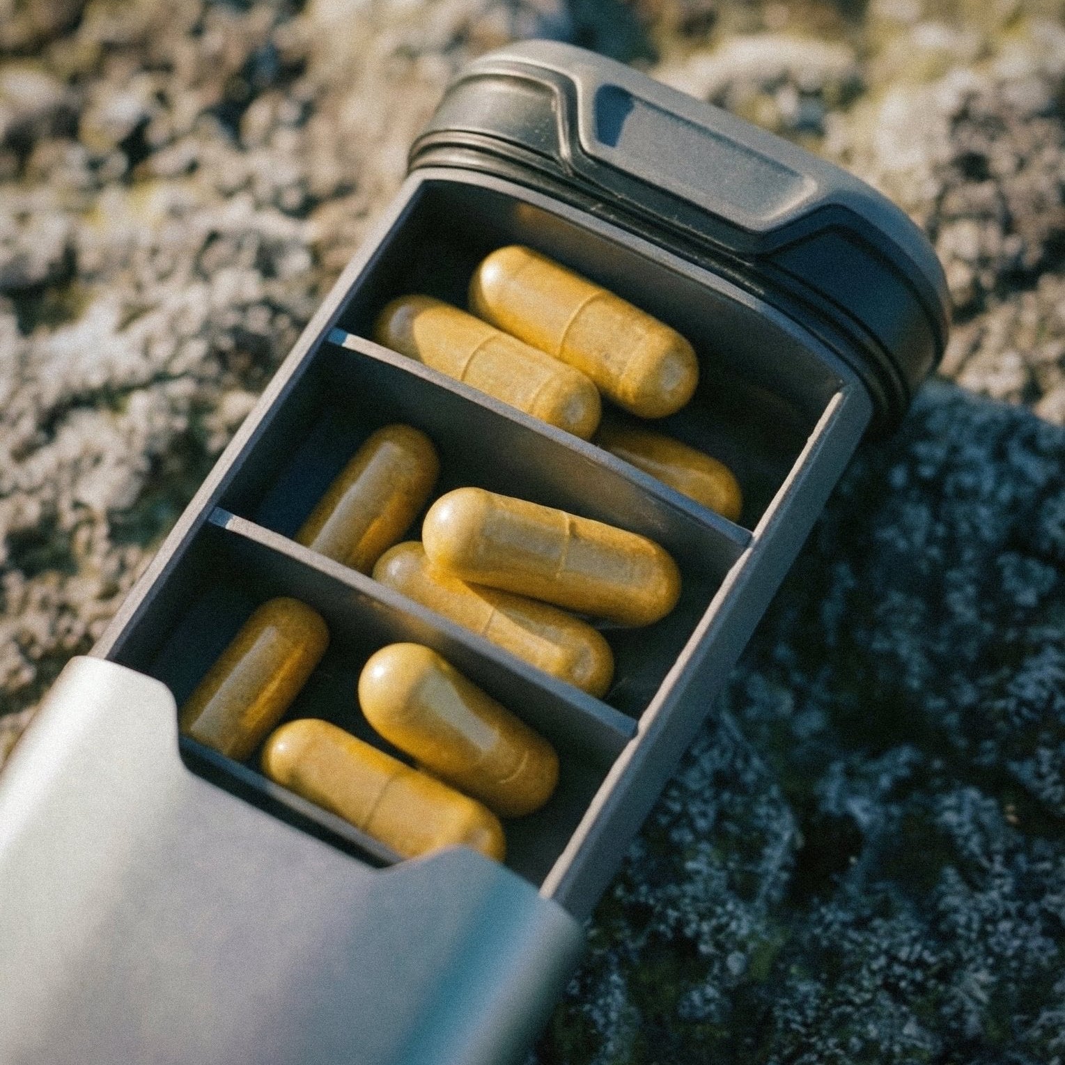 Premium aluminium pill case with natural wood inlay — weekly pill organiser by AEVUM