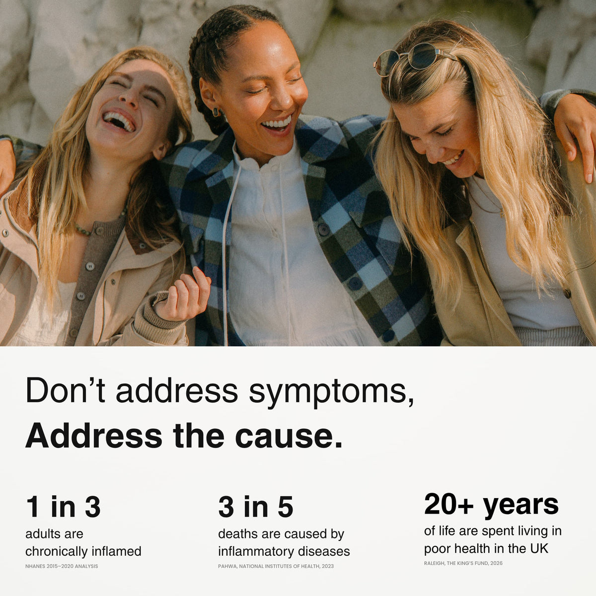 Three women laughing outdoors, representing AEVUM's approach to addressing the cause of inflammation