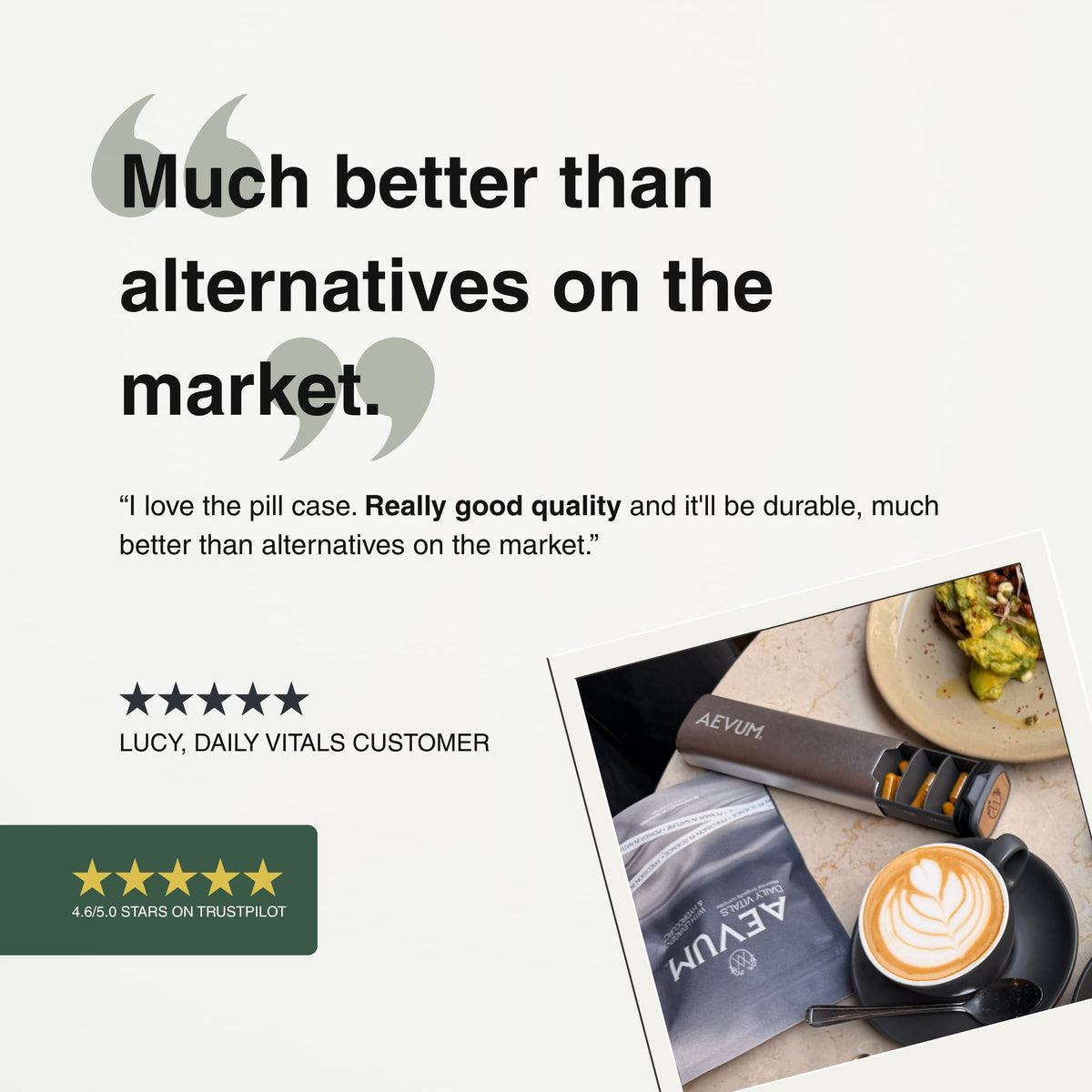 Customer review from Lucy praising AEVUM's travel pill case quality
