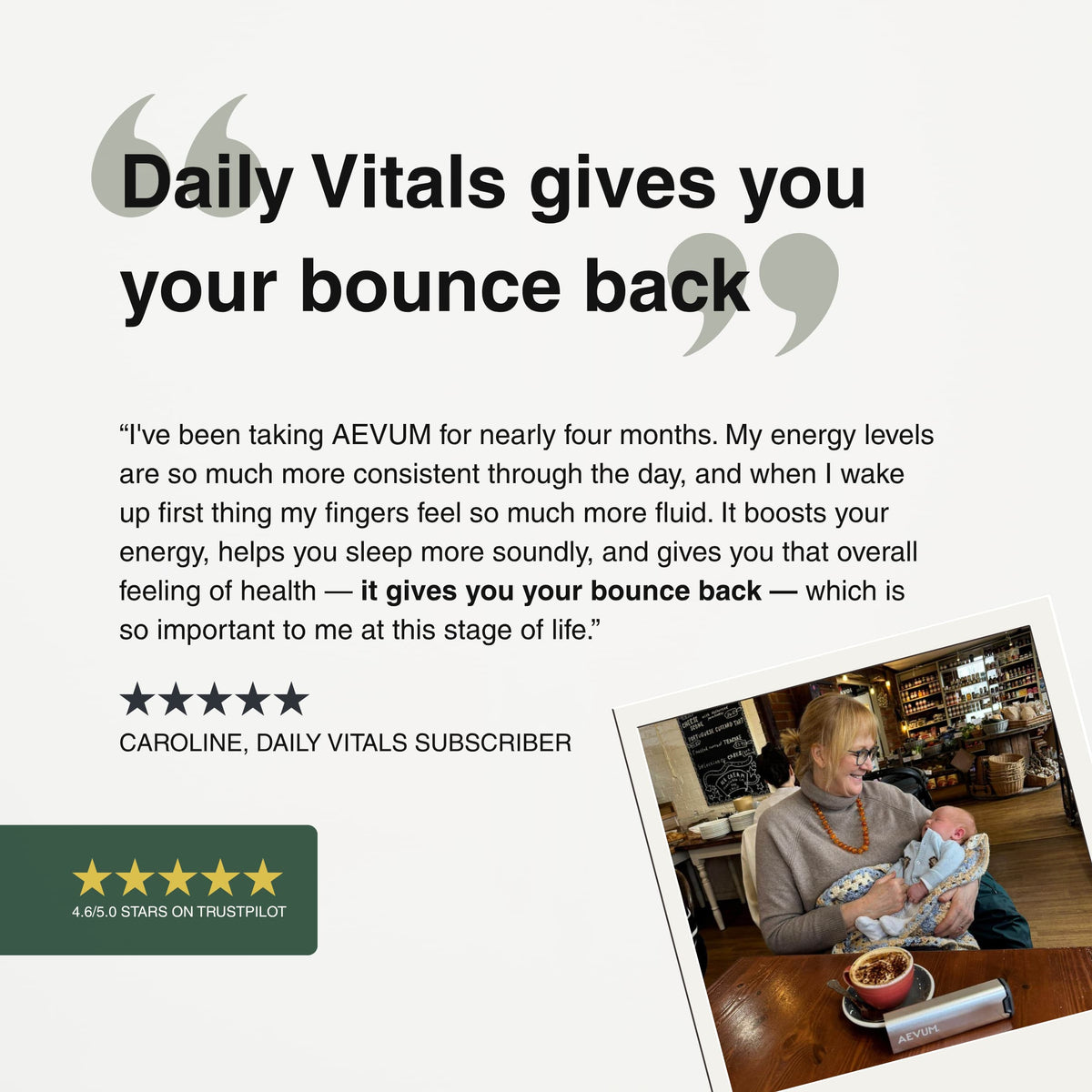 Caroline, AEVUM Daily Vitals subscriber, with testimonial and Trustpilot rating