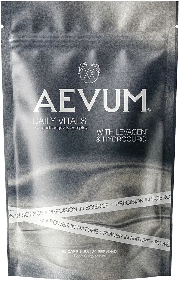 AEVUM Daily Vitals longevity supplement pouch, 90 capsules with Levagen®+ and HydroCurc®