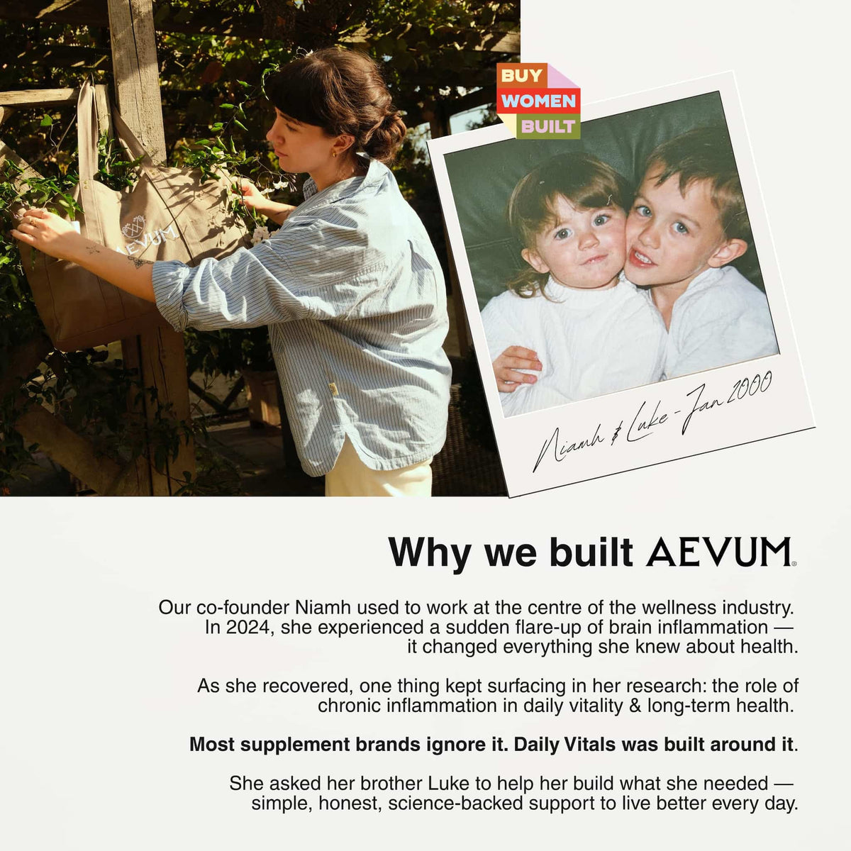 AEVUM co-founder Niamh McCormack in a garden beside a childhood photo of Niamh and Luke, with the story of why they built AEVUM after Niamh's experience of brain inflammation