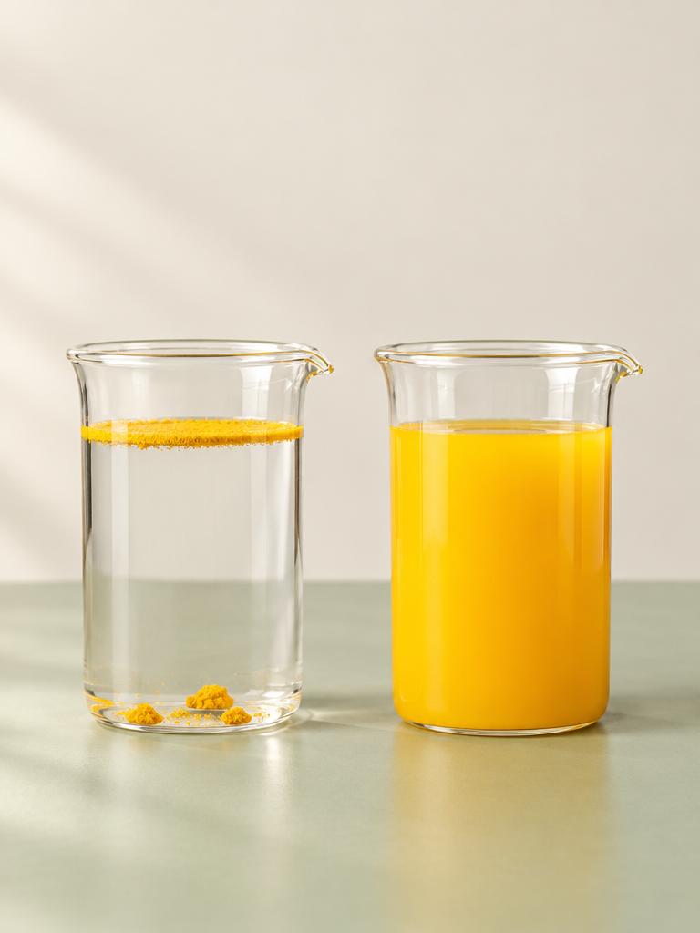 Illustration comparing standard turmeric powder clumping on water with HydroCurc® dispersing evenly