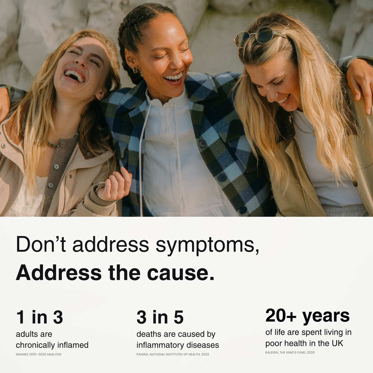 Three friends laughing together, with statistics on inflammation and healthy ageing in the UK