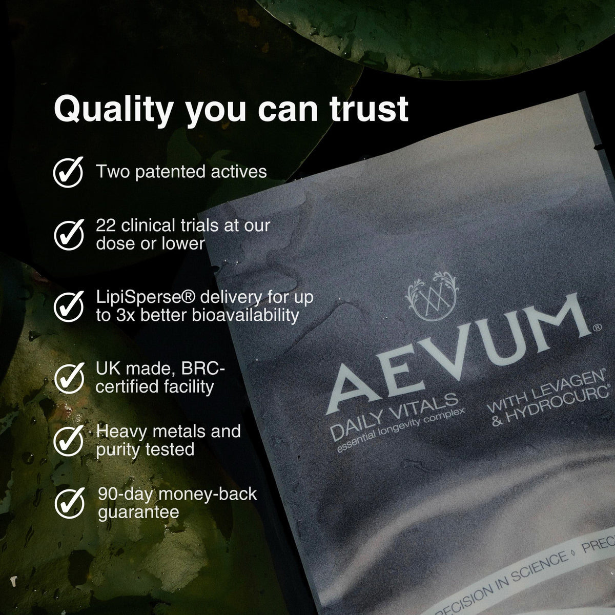 AEVUM Daily Vitals pouch with quality and trust certifications