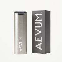 AEVUM travel pill case and packaging box, silver aluminium finish