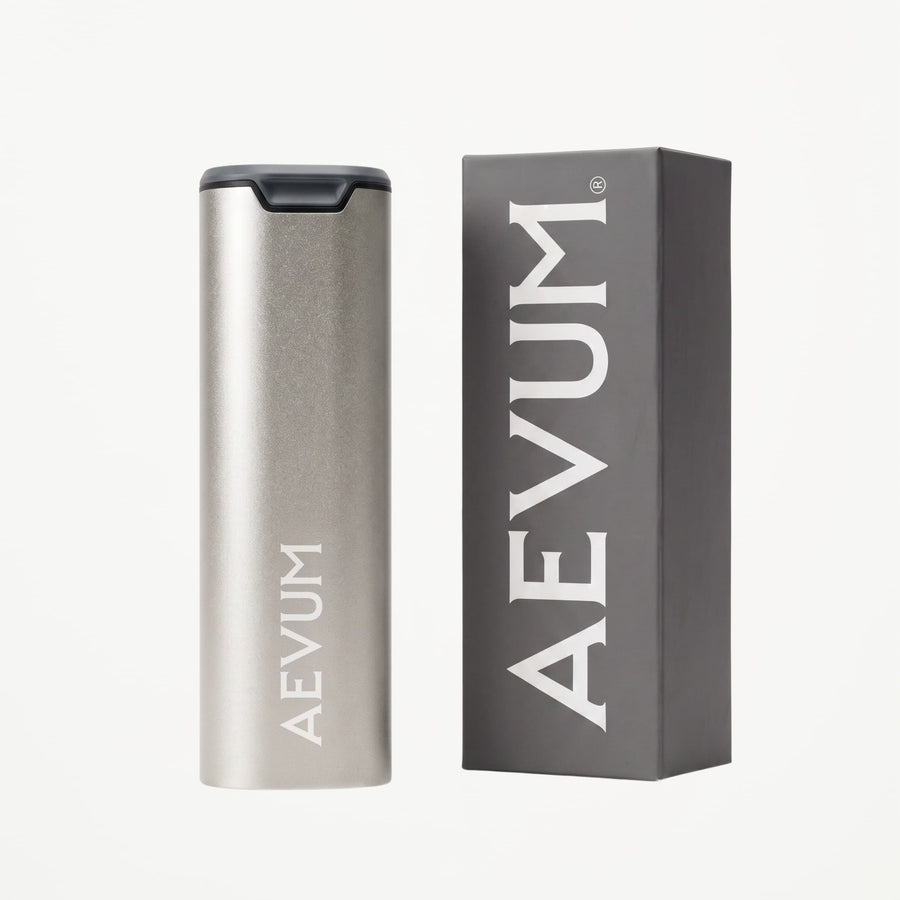 AEVUM travel pill case and packaging box, silver aluminium finish