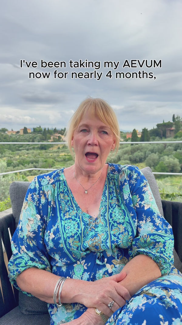 Video thumbnail — customer Caroline describing more consistent energy levels with AEVUM